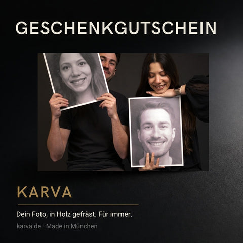 KARVA Geschenkgutschein: zwei gefräste Holzbilder mit Portraits